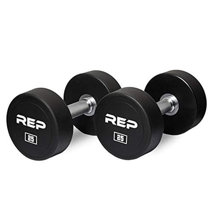 REP Fitness Urethane Coated Round Dumbbells, 5 to 100 lbs, Singles or Pairs, With or Without Rack, Steel Core, Rubber Encased, Chrome Handles, Professional Weights for Home Gym Strength Training - style: 25 lb Pair