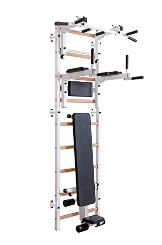 Swedish Ladder Wall Bar - Indoor Chin Up Bar Workout Equipment for Home Exercise, Physical Therapy, Gymnastics, Fitness (WallBars + Convertible Pullup Bar + Dip Bars + Bench, White)