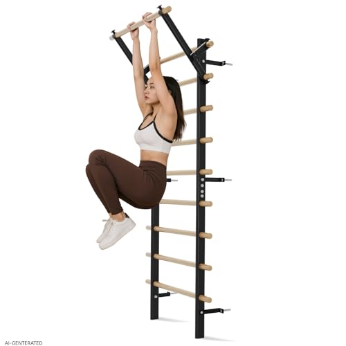 Swedish Ladder Wall Gym, Stall Bar Home Gym with Adjustable Pull-Up Bar, Dip Bar Attachments & 2pcs Resistance Band, 9 Strategic Rods for for Home, School, Hysical Therapy and Gymnastics