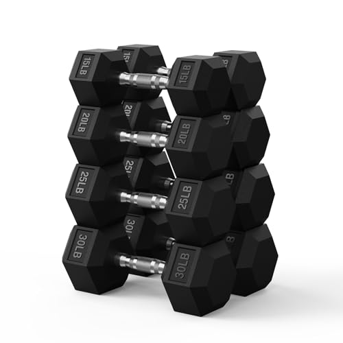 Rubber Encased Hex Dumbbell, Hand Weights with Anti-Slip Cast Iron Grip for Exercise & Fitness, Weights Dumbbells Set of 2 for Strength Training - style: 180 LB SET(15x2, 20x2, 25x2, 30x2)