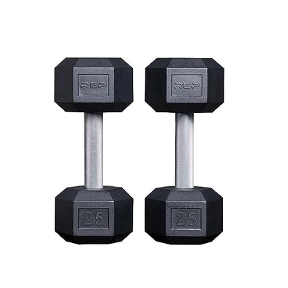 Rep Fitness Rubber Hex Dumbbell(s) - Singles (55LB +) and Pairs (5LB - 50LB) - Low Odor, Fully Knurled Handle - style: 25 LB Pair