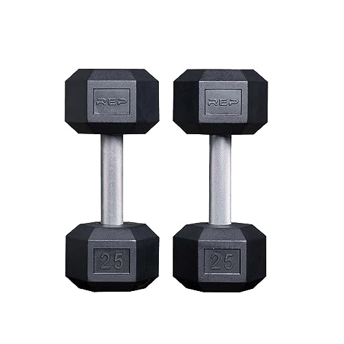 Rep Fitness Rubber Hex Dumbbell(s) - Singles (55LB +) and Pairs (5LB - 50LB) - Low Odor, Fully Knurled Handle - style: 25 LB Pair