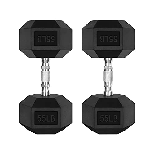 RitFit Rubber Coated Hex Dumbbell Set with Rack, 5-780LB for Home Gym Strength Training, Anti-Slip Knurled Handle, Hexagon Anti-Roll, Heavy-Duty Storage Rack - style: 2 X 55 LBS