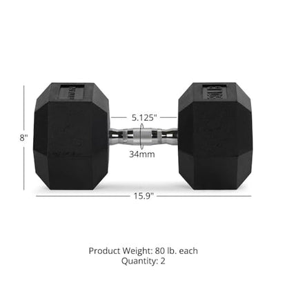 Titan Fitness Pair Rubber Coated Hex Dumbbells, Roll-Resistant Hexagonal Free Weights, Chrome-Coated Handles with Knurling, Strength Training Equipment - style: 80 lb, Pair