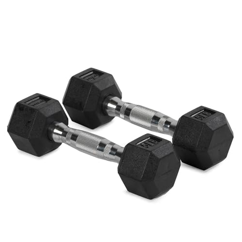 Titan Fitness Pair Rubber Coated Hex Dumbbells, Roll-Resistant Hexagonal Free Weights, Chrome-Coated Handles with Knurling, Strength Training Equipment - style: 5 lb, Pair