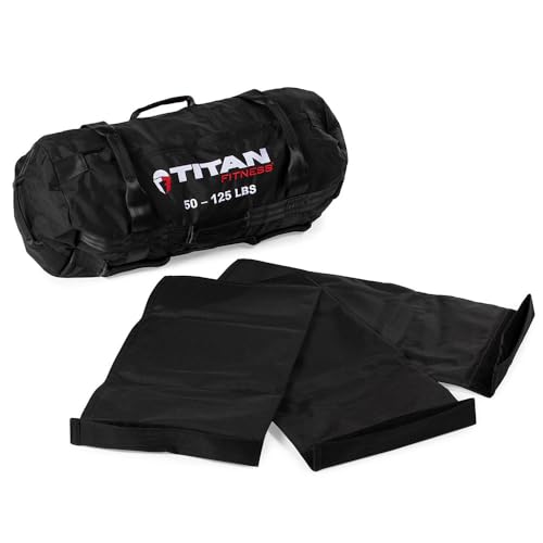 Titan Fitness 50-125 LB PRO Strongman Sandbags, Double Layer, 1050D Cordura, Black, Carry Home Gym Training