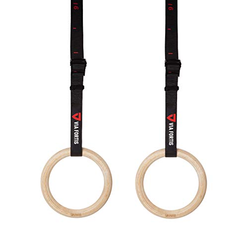 VIA Fortis® Premium Wooden Gym Rings with Straps, Bag & Workout Guide - Gym Rings for Calisthenics & Crossfit in Competition Design - Extra Wide Straps with Markings