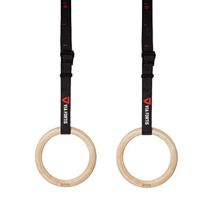 VIA Fortis® Premium Wooden Gym Rings with Straps, Bag & Workout Guide - Gym Rings for Calisthenics & Crossfit in Competition Design - Extra Wide Straps with Markings