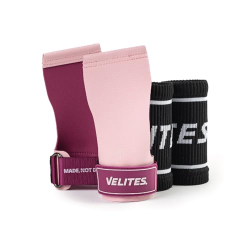 Velites - Official Crossfit® Games Quad Ultra Grips - No Chalk and Smooth Bars - Wristbands and Carry Bag Included - Pull-ups, Muscle-ups and Toes to bar - color: Pink, size: Large