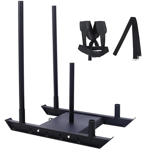 Weight Sled for Fitness Training Push Pull Drag Speed Strength Conditioning Workout Sled with Removable Push Poles Harness and Dual Anchor Points for 2 Inch Weight Plates Black