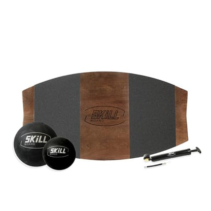 The Skill Board Beginner to Pro - Wooden Balance Board for Adults Bundle - Incl. Balance Trainer for All Sports, Gym, Standing Desk, or Yard Games, 2x Fitness Balls, Ball Pump and more