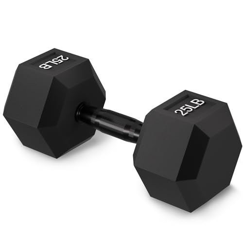 Fitvids Rubber Encased Exercise & Fitness Hex Dumbbell, Hand Weights with Anti-Slip Metal Handle for Home Gym, Multiple Sizes - style: 25LB Single