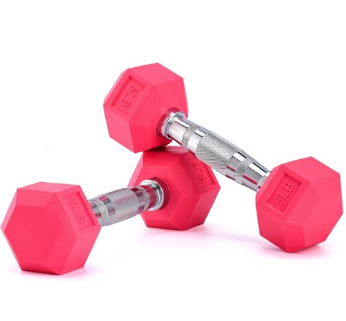 Portzon Weights Dumbbells Pink Colors Compatible with Set of 2 Neoprene/Rubber Dumbbells,1-15 LB, Anti-Slip, Anti-roll, Hex Shape - style: 05-Pounds,Pair