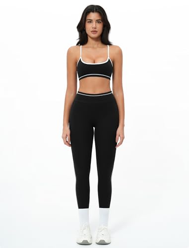 Women 2 Piece Workout Adjustable Strappy Color Block Sports Bra High Waist Tummy Control Leggings Yoga Pilates Outfits