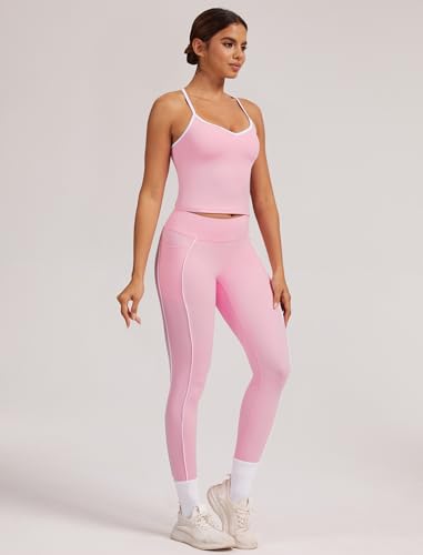 Women 2 Piece Workout Sets Cross Back Color Block Tank Tops Tummy Control Active Leggings Yoga Outfits with Pockets