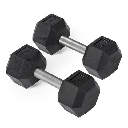 Titan Fitness 25 LB Pair Free Weights, Black Rubber Coated Hex Dumbbell, Straight Stainless Steel Handle, Strength Training, Full Body Workout