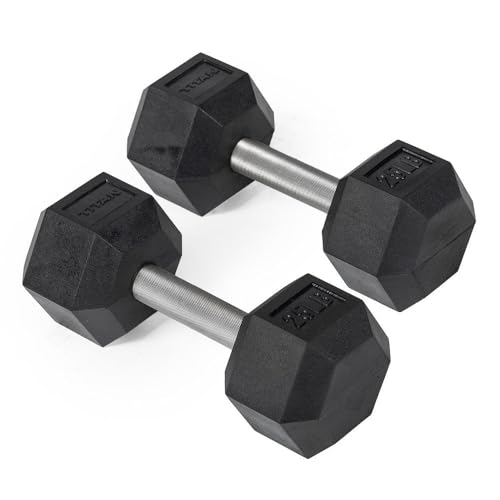 Titan Fitness 25 LB Pair Free Weights, Black Rubber Coated Hex Dumbbell, Straight Stainless Steel Handle, Strength Training, Full Body Workout