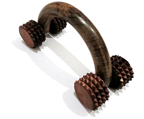 Wooden 4-Roller Massage Tool, Arch Handle, Spiked Rollers for Back, Neck, and Foot Relief