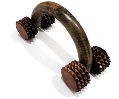 Wooden 4-Roller Massage Tool, Arch Handle, Spiked Rollers for Back, Neck, and Foot Relief