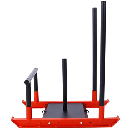 Weight Training Sled Push Pull Drag Speed Power Training Equipment Strength Sled with Removable Push Poles Harness and Straps for 1 Inch and 2 Inch Weight Plates Black+Red