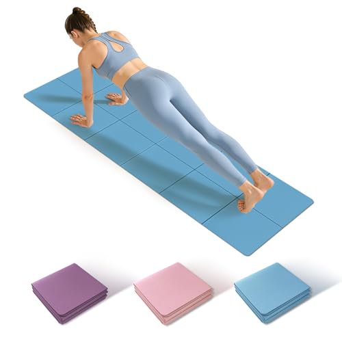 Foldable Yoga Mat Thick Non-Slip Exercise Mat - Packable Travel Fitness Mat with Carrying Bag for Yoga, Pilates, Workout, Home & Gym - color: blue
