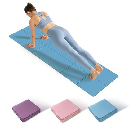 Foldable Yoga Mat Thick Non-Slip Exercise Mat - Packable Travel Fitness Mat with Carrying Bag for Yoga, Pilates, Workout, Home & Gym - color: blue