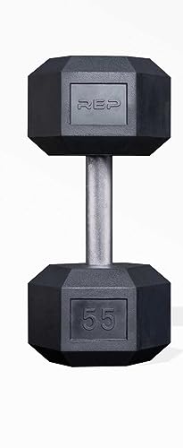 Rep Fitness Rubber Hex Dumbbell(s) - Singles (55LB +) and Pairs (5LB - 50LB) - Low Odor, Fully Knurled Handle - style: 55 LB SINGLE DB