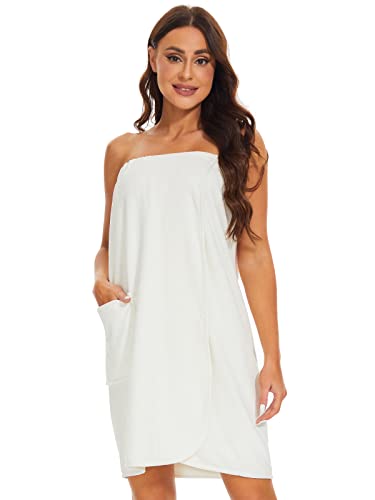 Knuffnee Women Bath Towel Robe Spa Body Wrap Shower Bathrobe Adjustable Snap Closure - color: White, size: Small-Medium