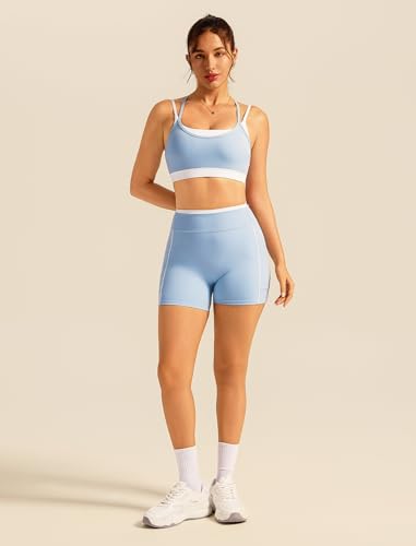 Double Layer Workout Sets for Women 2 Piece Matching Gym Set High Waist Shorts with Pockets Sports Bra Yoga Pilates Outfits