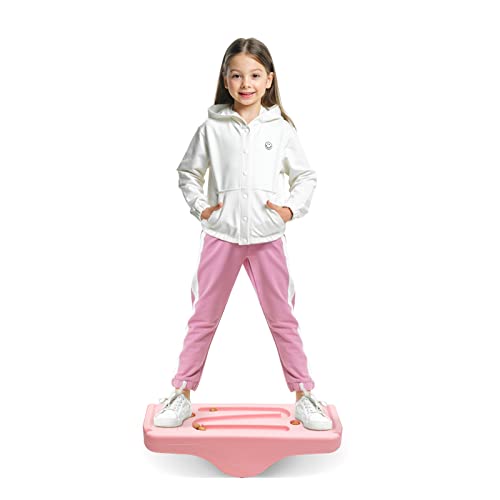 Kids Rocking Seesaw Balance Board with 5 Wooden Balls Sensory Training Rocking Board Balance Training Equipment Children Indoor Outdoor Activity Toy (Pink) - color: Pink