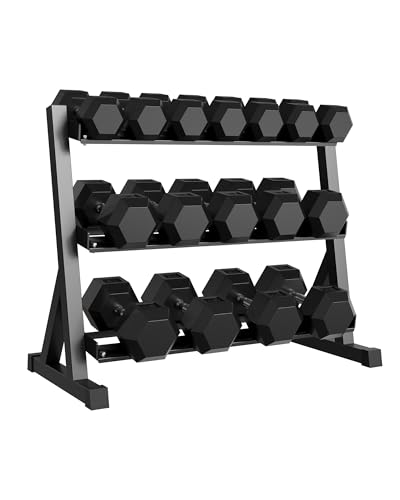 Heavy Duty 3-Tier Dumbbell Rack for Home Gym – Steel Weight Storage Stand, Angled Non-Slip Shelves, Rubber Guard, Holds 5/6 Hex Dumbbell Pairs, 480/800/1000 LB Capacity, Black