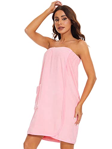 Knuffnee Women Bath Towel Robe Spa Body Wrap Shower Bathrobe Adjustable Snap Closure - color: Pink, size: X-Large