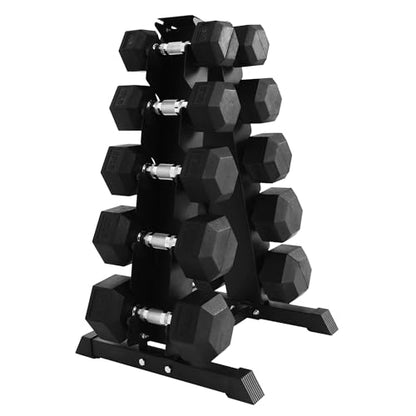 BalanceFrom Rubber Coated Hex Dumbbell Set with A-Frame Rack, Black – Solid Cast Iron Home Gym Weights with Chrome Handles for Full-Body Strength Training and Muscle Toning