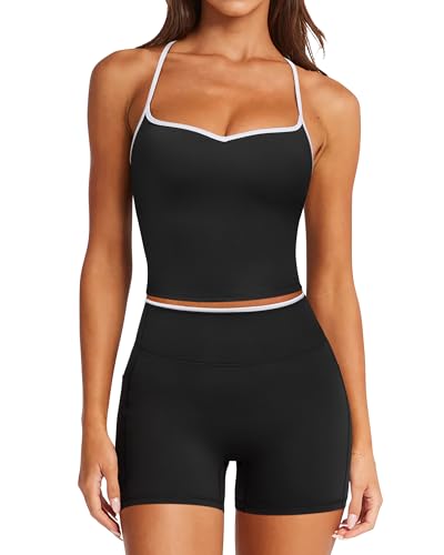 RXRXCOCO Color Block Workout Sets for Women 2 Piece Padded Strappy Tank Tops Hidden Scrunch Booty Shorts with Pockets - color: Black, size: X-Small