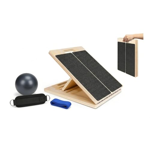 Complete 4-in-1 Fitness Bundle, Slant Board Bundle with Gym Ball and 2 Exercise Straps, Slant Board for Calf Stretching, Portable Board for Strength Training, Balance, and Core Training.