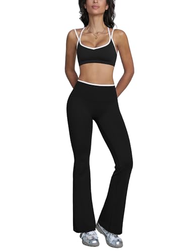ABOCIW Workout Sets for Women 2 Piece Color Block Strappy Sports Bra High Waist Flare Leggings Gym Yoga Pilates Outfits - color: Black, size: Large