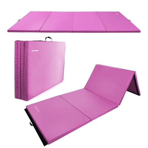 Fitvids Folding Exercise Gymnastics Mat, 4'x8'x2" Gym Workout Mat with Carrying Handles 4-Fold High-Density Anti-Tear Portable Fitness Aerobics Mat for Home Gym Yoga Pilates Tumbling MMA Core Training - color: Hot Pink