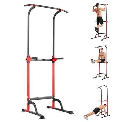 Power Tower Home Gym Strength Training Station Adjustable 10 Height Levels, Heavy-Duty Chin-Up Tower with Parallel Dip Handles, Bodyweight Workout Equipment for Pull-Ups, Dips, Knee Raises, Push-Ups, 330 Lb Capacity