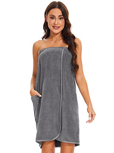 Knuffnee Women Bath Towel Robe Spa Body Wrap Shower Bathrobe Adjustable Snap Closure - color: Grey, size: X-Large