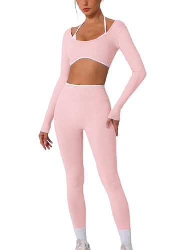 AGYMNX 2 Piece Workout Sets for Women Contrast Panel Long Sleeve Halter Crop Top and High Waist Leggings Jogger Outfits - color: Pink, size: Medium