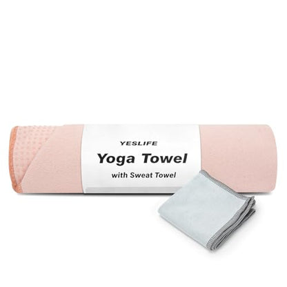 YESLIFE Non-Slip Extra Thick Hot Yoga Towel with One Sweat Towel, Microfiber Sweat Absorbent Yoga Mat Towel with Grip Dot, Pilates Mat, 72" x 24", Pink - color: Pink