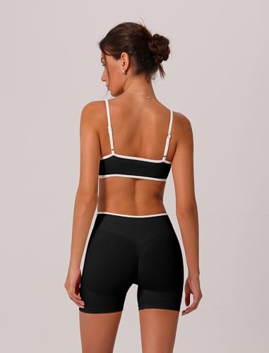 ABOCIW Womens Two Piece Workout Sets Color Block Sports Bra Seamless Hidden Scrunc Butt Lifting Biker Shorts Gym Set