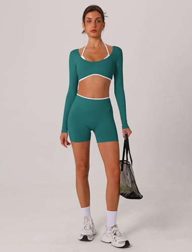ABOCIW Workout Sets for Women 2 Piece Seamless Color Block Long Sleeve Crop Top Scrunch Butt High Waist Shorts Gym Set