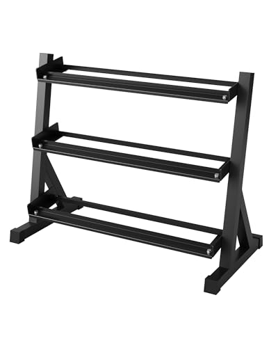 Heavy Duty 3-Tier Dumbbell Rack for Home Gym – Steel Weight Storage Stand, Angled Non-Slip Shelves, Rubber Guard, Holds 5/6 Hex Dumbbell Pairs, 480/800/1000 LB Capacity, Black