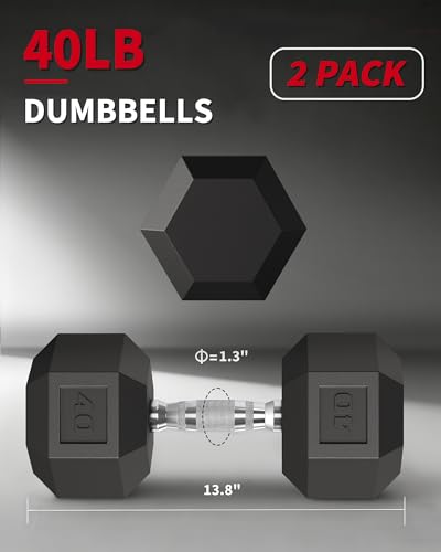 40LB Hex Dumbbells Set of 2 – Rubber/PVC Coated Cast Iron – Non-Slip Textured Carbon Steel Handles – Anti-Roll Strength Training Weights for Home Gym, Fitness Workouts – Black