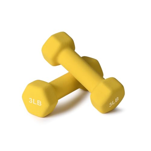 Portzon Dumbbells Neoprene with Non Slip Grip weight for Total Body Workout Exercise and Muscle Toning Compatible with of 2 Set,1-15 LB, Anti-Slip, Anti-roll, Hex Shape - color: Sunshine, size: 03-Pound,Pair