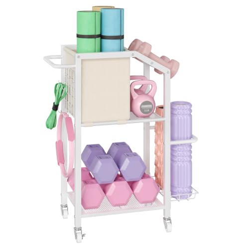 HOOBRO Dumbbell Rack, Weight Rack for Dumbbells, Yoga Mat Storage Rack, Home Gym Storage Rack for Dumbbells Kettlebells Foam Roller, Workout Storage Organizer with Wheels & Hooks - color: White