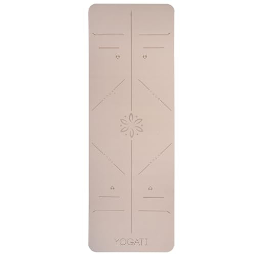 YOGATI® Yoga Mat with Strap with Alignment Lines. Home Workout Mat for Women, Men and Kids. Thick Non Slip Yoga Mat for Pilates and Fitness. Brown, Pink and Purple Yoga Mats