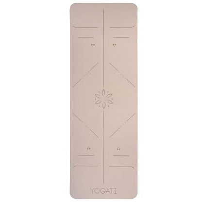 YOGATI® Yoga Mat with Strap with Alignment Lines. Home Workout Mat for Women, Men and Kids. Thick Non Slip Yoga Mat for Pilates and Fitness. Brown, Pink and Purple Yoga Mats