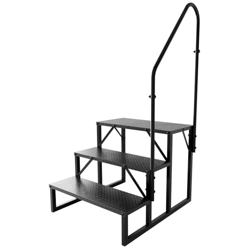 3 Step RV Stairs with Handrail, 660LBS Heavy Duty Anti-Slip Metal Steps, Detachable Outdoor Stairs for Hot Tub/5th Wheel/Pool/Mobile Home - style: 3 Step 1 Handrail